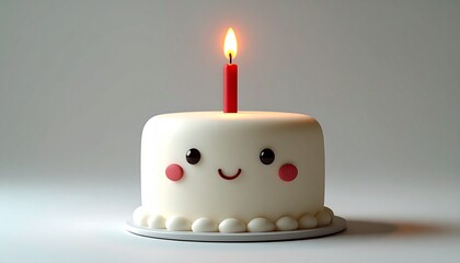 Adorable Birthday Cake with a Kawaii Face and Single Candle.