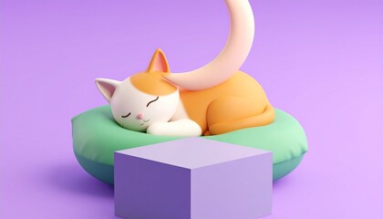 Adorable 3D Cat Nap on Pillow with Moon Backdrop.