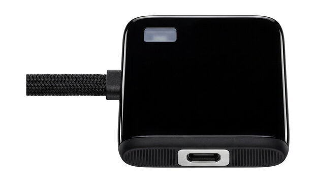 Compact SSD with a glossy black enclosure and LED activity indicator