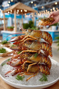  Langostas frescas exhibidas sobre hielo en restaurante de mariscos junto al mar.

