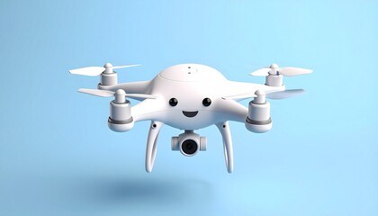 Adorable White Drone with a Smiling Face on Light Blue Background.
