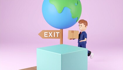 Cartoon Man Leaving Earth with Exit Sign and Globe.