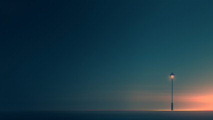 深緑の静かな地平線に一筋の街灯が灯るミニマルな風景