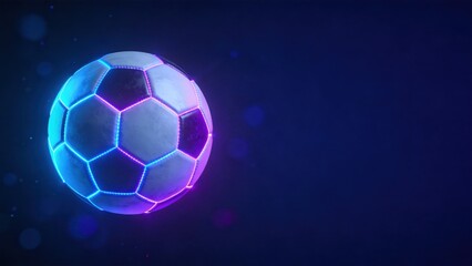 Naklejka premium Glowing neon soccer ball on dark futuristic background,sport technology concept,energy motion,modern football design,esports branding,digital competition,and creative sports illustration