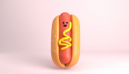 Adorable 3D Hot Dog with Mustard and a Smiling Face.