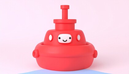 Adorable Red Cartoon Tugboat with Smiling Face on Light Background.
