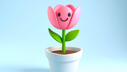 Adorable Pink Tulip with a Smiling Face in a White Pot.