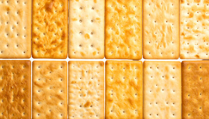 Close-up of golden, rectangular crackers in a grid pattern with small perforations