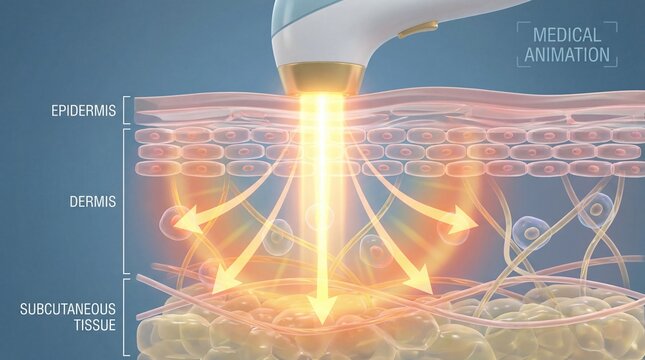 Laser skin treatment medical animation showing deep dermis light penetration, smooth skin waves, and subcutaneous tissue layers for cosmetic dermatology procedures