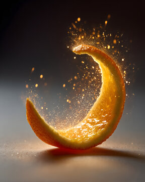 Glowing orange peel crescent with sparkling citrus splash and particles