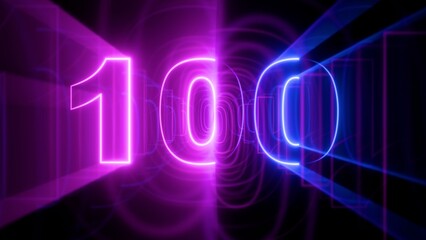 Neon number 100 on abstract futuristic background. Glowing pink and blue one hundred digits 3D illustration.