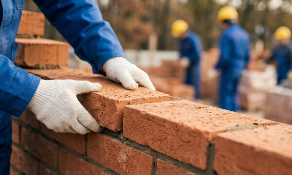 Primer plano de alba&ntilde;il profesional colocando ladrillos con cemento en obra de construcci&oacute;n
