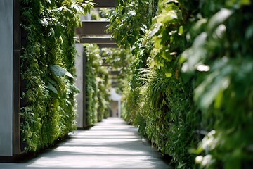 Obraz premium Indoor corridor with vertical living plant walls. Architectural interior with green wall installations on both sides