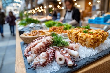  Pulpo y platos preparados con mariscos se muestran sobre hielo en un mercado exterior con ambiente animado.