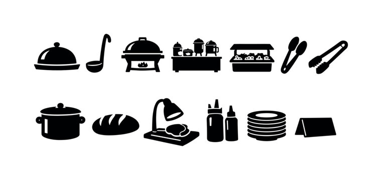 Collection of black icons representing catering and buffet service elements