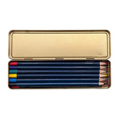 Colored pencils lying in an open gold metal tin