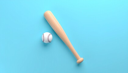 Baseball bat and ball on a blue background, top view.