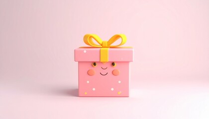 Adorable Pink Gift Box with a Cute Face and Yellow Ribbon.