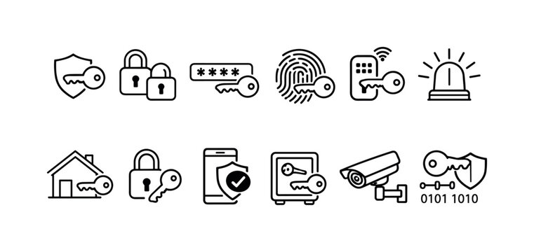 Collection of security and access icons including locks, keys, fingerprint, and surveillance camera