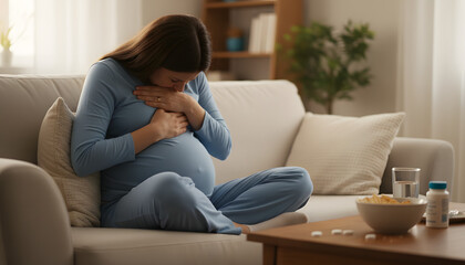 pregnant woman suffering from heart burn in third trimester