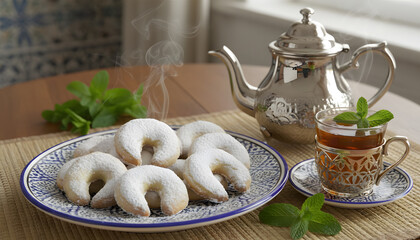 Oriental Algerian sweet cookies( gazelle horns cookies ), tea cup and pot and mint leaves