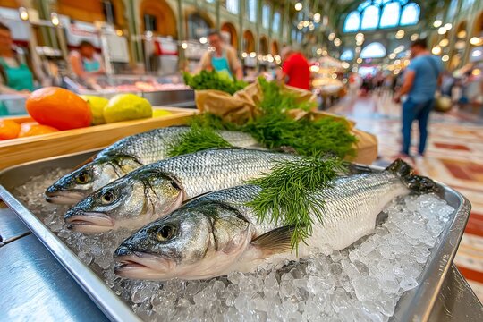  Dos caballas frescas con eneldo reposan sobre hielo en un mercado cubierto con puestos de pescado al fondo.