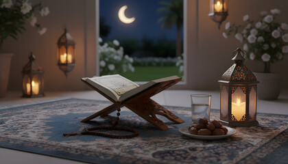 Serene Ramadan Evening With Quran, Prayer Beads, Lantern and Dates For Reflection