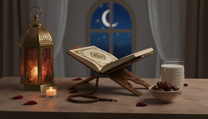 intimate Ramadan scene featuring an open Quran, prayer beads, a glowing lantern, dates, and a glass of milk, creating a calm, spiritual mood perfect for religious celebrations and mindfulness