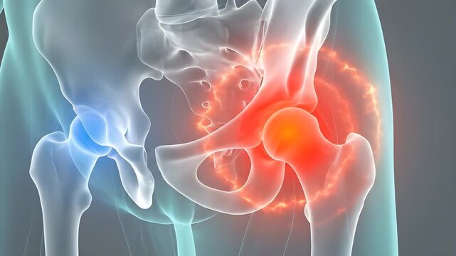 3D medical visualization of human hip joint pain inflammation and discomfort highlighting the affected areas with glowing red and blue tones against a dark background representing skeletal anatomy
