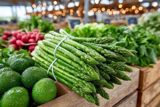  Esp&aacute;rragos frescos atados con cuerda presentados junto a aguacates en un mercado tradicional.