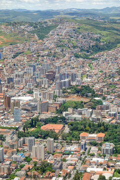 wide aerial view over city of Pocos de Caldas, Minas Gerais, Brazil. and mountain landscape