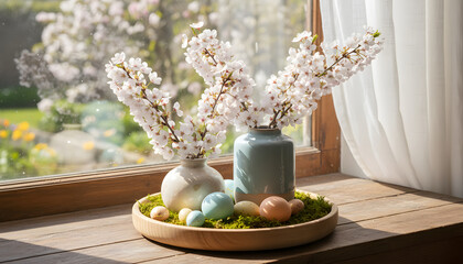 Spring Cherry Blossom Centerpiece With Pastel Eggs On Moss Plate By Sunlit Window