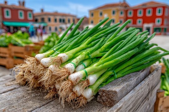  Manojos de cebolla verde con ra&iacute;ces descansan sobre una mesa de madera en una plaza con edificios coloridos al fondo.