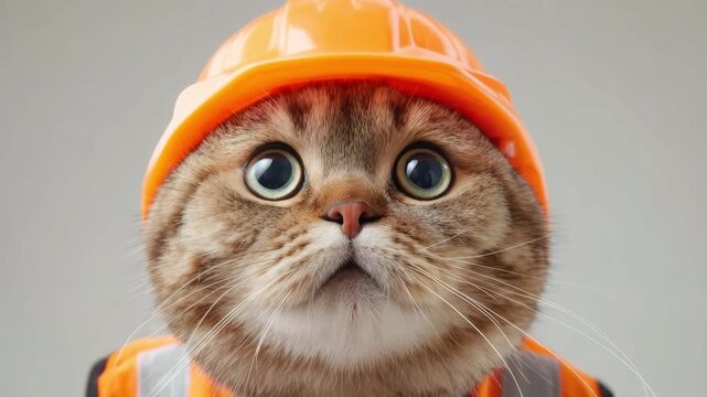 Cute cat wearing an orange hard hat and reflective safety vest, representing safety