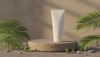 Minimalist Skincare Tube Displayed on Stone Pedestal with Tropical Leaves and Pebble