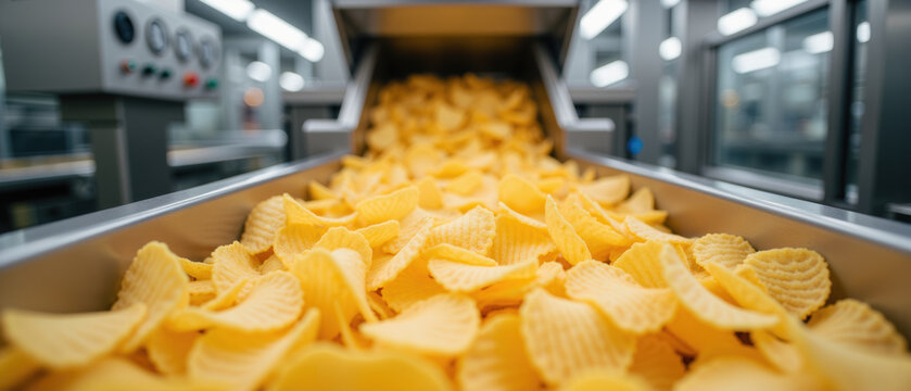 Potato chip snack food factory production conveyor yellow crispy industrial delicious potato chips on conveyor belt in modern food factory