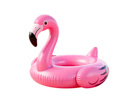 A vibrant pink flamingo shaped inflatable pool float with a drink holder on transparent background