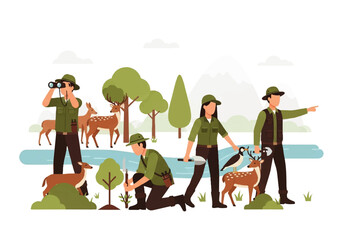 Vector flat design illustration of wildlife conservationists with a dog observing deer in a natural forest habitat with trees and a serene lake.