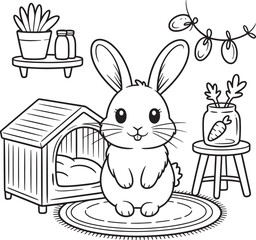 Cute cartoon rabbit sitting on a rug next to a cozy little house and plants
