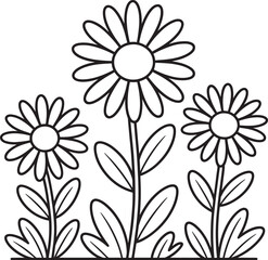 line drawing of three flowers with leaves on stems