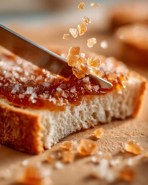Macro of granulated sugar crystals falling on fruit jam surface