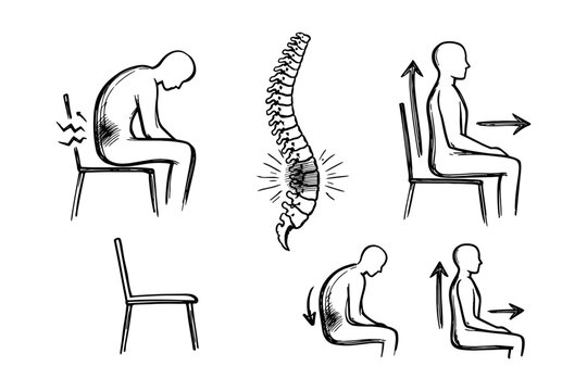 Diagrams of proper and improper sitting postures with spine illustration