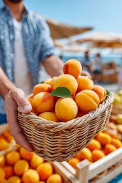  Un hombre sostiene una cesta de mimbre llena de albaricoques maduros en un mercado al aire libre con puestos de fruta alrededor en un d&iacute;a soleado.