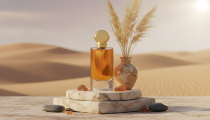 marble podium or stone beauty with amber Oud Arabic oriental perfume near reeds plant vase. Product promotion Beauty cosmetic showcase