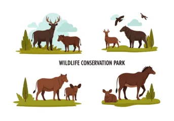 Fotobehang Zoo Vector flat design illustration of various animals in a wildlife conservation park with a natural setting.  © denijulianto