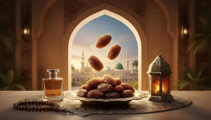 flying Kurma Ajwa, Ajwa Dates, served in traditional metal plate, Kurma Ajwa is one of the special fruit from Madina City with tasbih and oud perfume and lantern with arch 