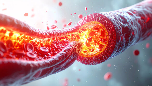 Detailed 3D rendering of a constricted blood vessel with plaque buildup, illustrating atherosclerosis and impaired blood flow.