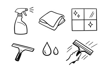 Fototapeta premium Cleaning tools icons: spray bottle, cloth, window, squeegee, drops, hand