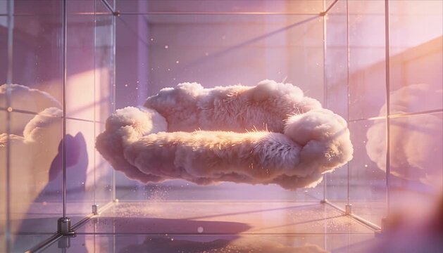 Fantasy ai creativity crystal cloud sofa surreal fluffy soft pink dreamy cloud sofa floating glass case with soft light magic glow crystal comfort concept ai cloud sculpture creativity crystal glow