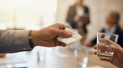 intelligence leader meeting emotional business concept. Elderly hand giving a tissue and glass of water with text "Small Acts of Kindness.